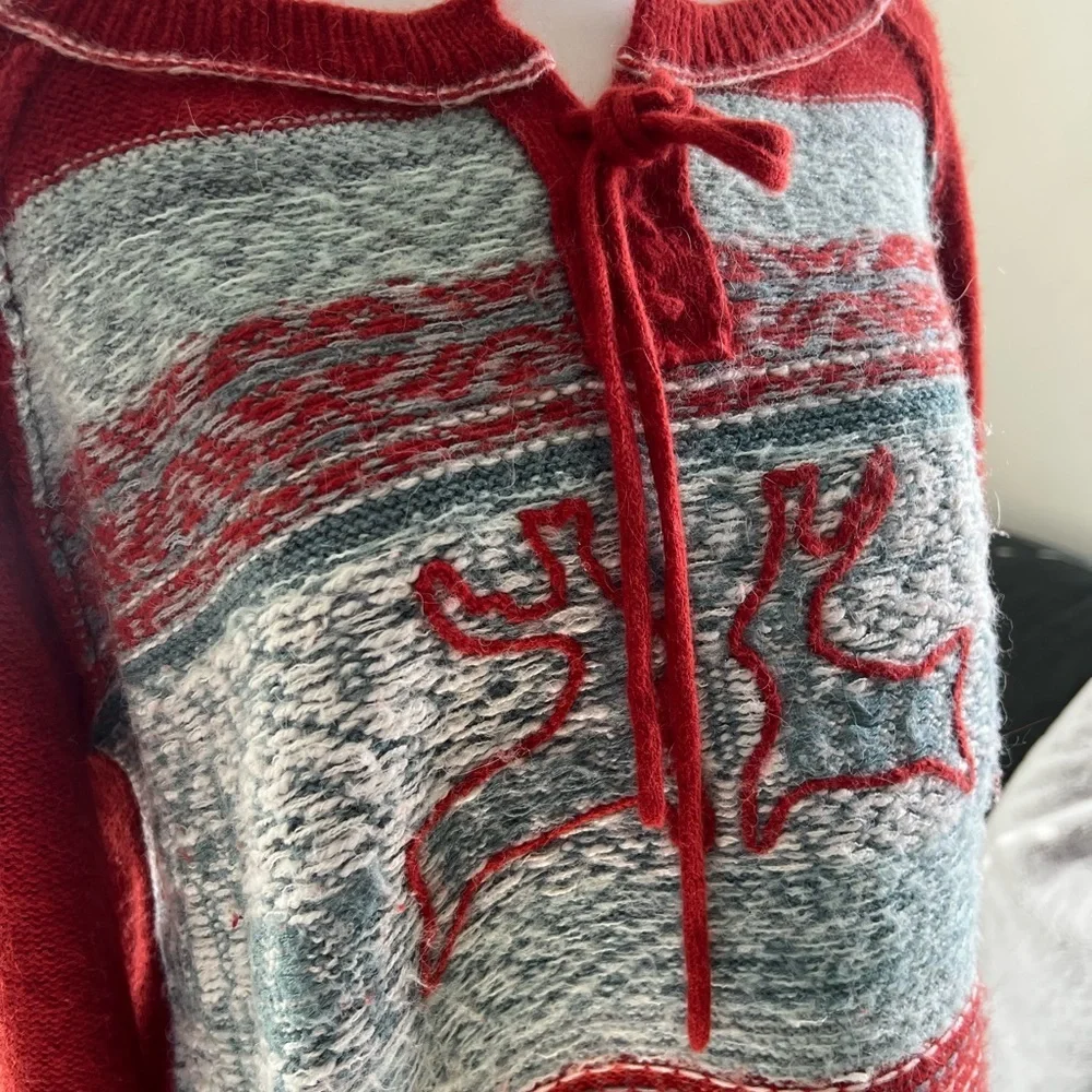 Free People Red and Gray Reindeer Sweater